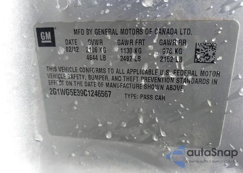 2012 Chevrolet Impala Lt from USA, damaged, VIN 2G1WG5E39C1246567